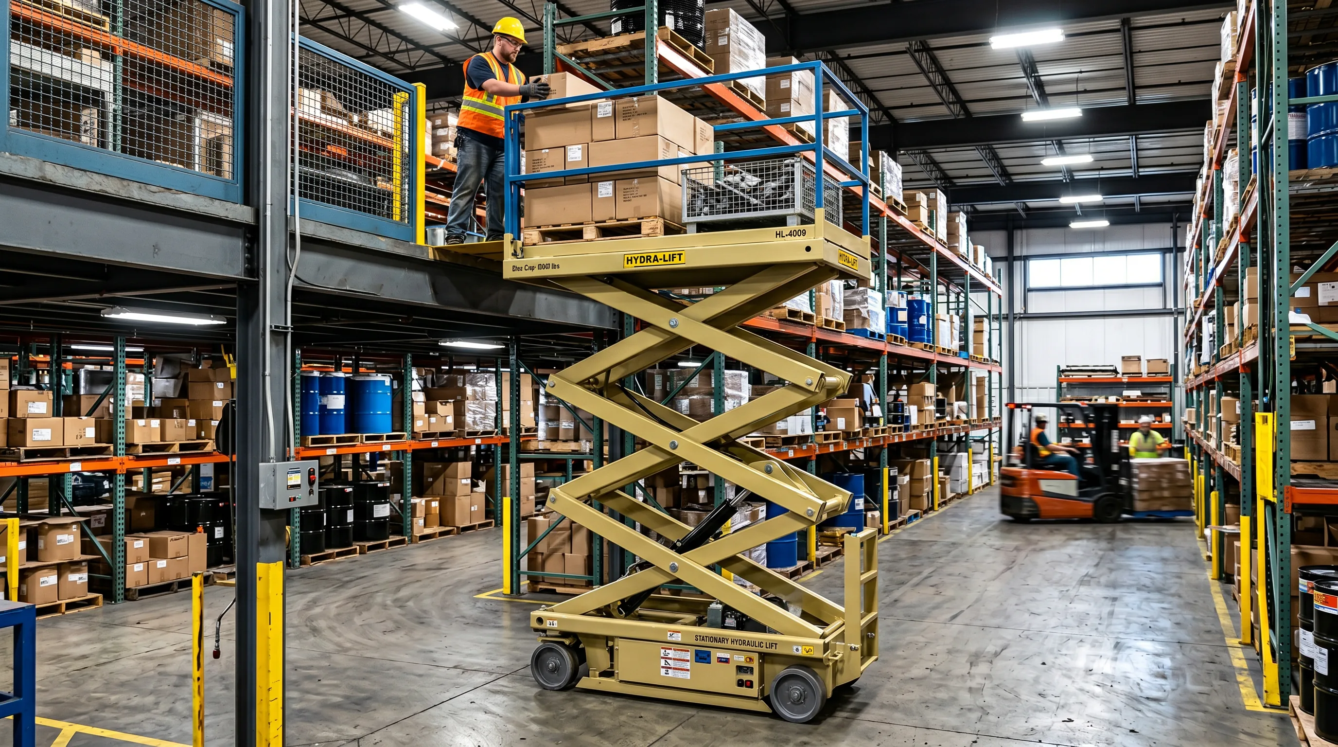 Yellow hydraulic scissor lift table with pallet load in a Indianapolis area warehouse