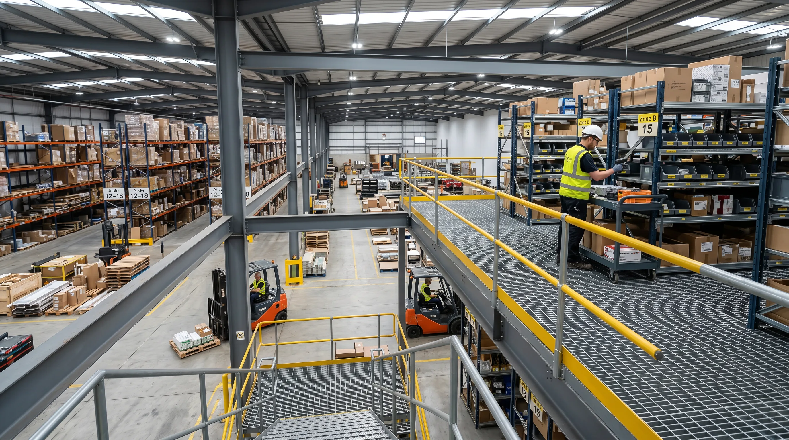 Large two-story structural steel mezzanine with dual staircases in a Indianapolis area warehouse
