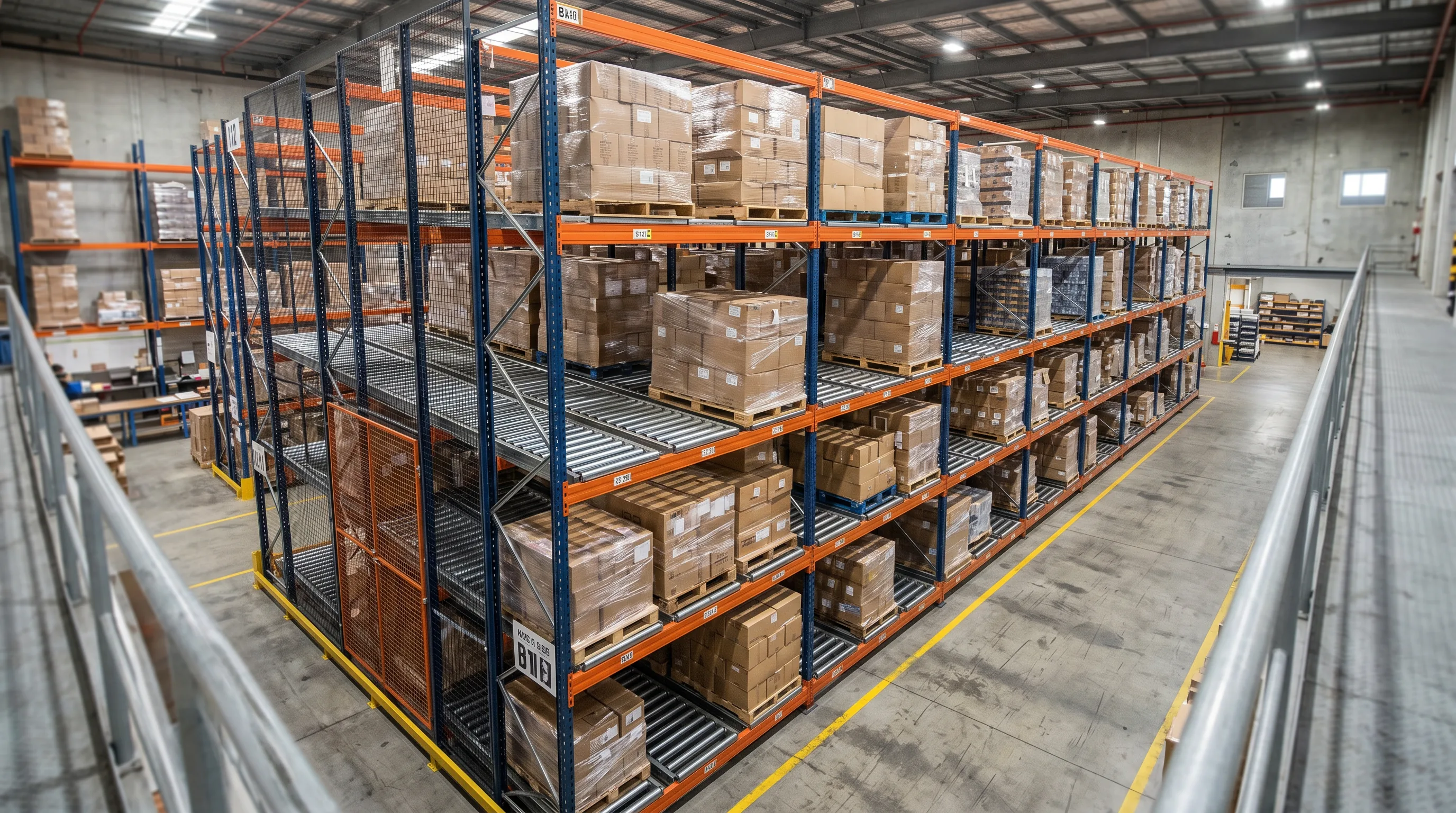 Deep-lane pallet flow rack with gravity rollers in an Indianapolis Indiana refrigerated distribution center