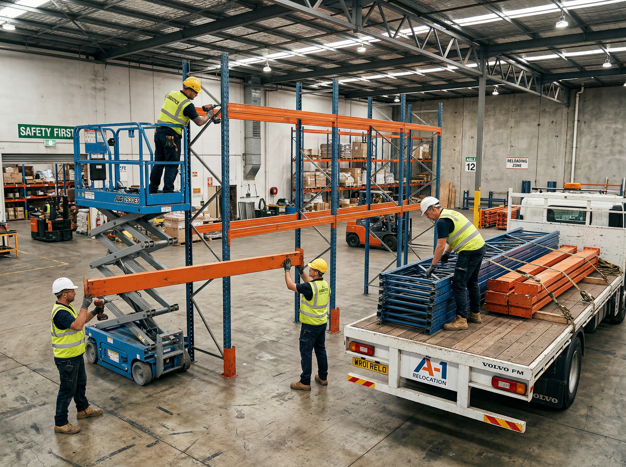 Flatbed truck delivering pallet racking components to a Indianapolis, IN warehouse