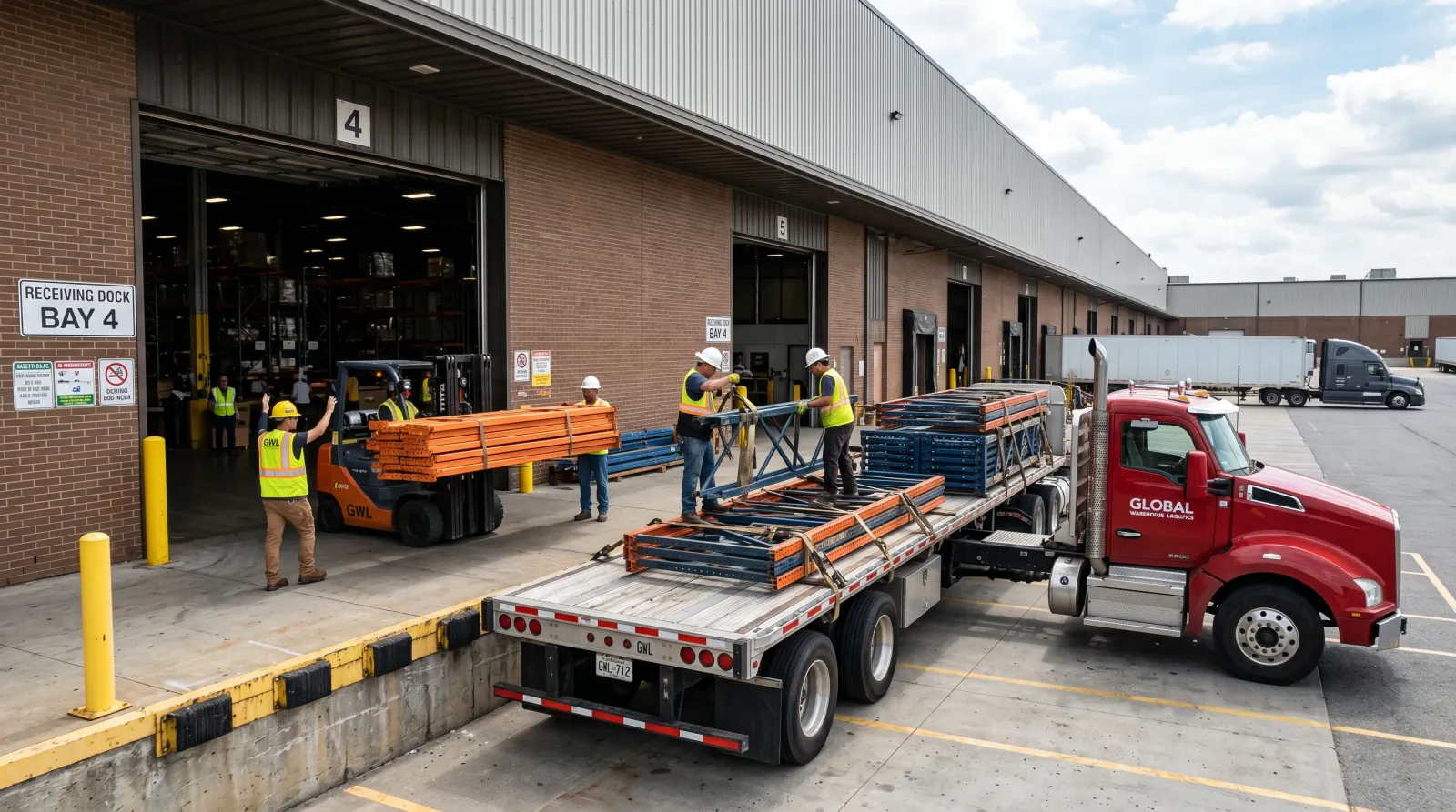 Flatbed truck delivering pallet racking components to a Indianapolis, IN warehouse