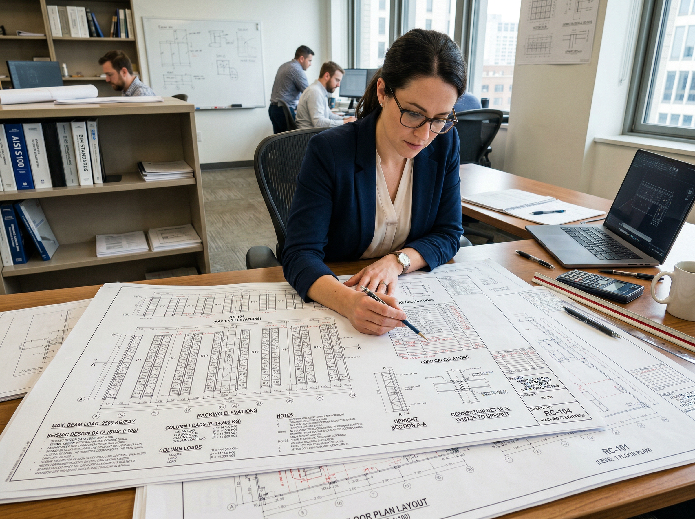 Structural engineer reviewing pallet racking blueprints and permit drawings in Indianapolis, IN
