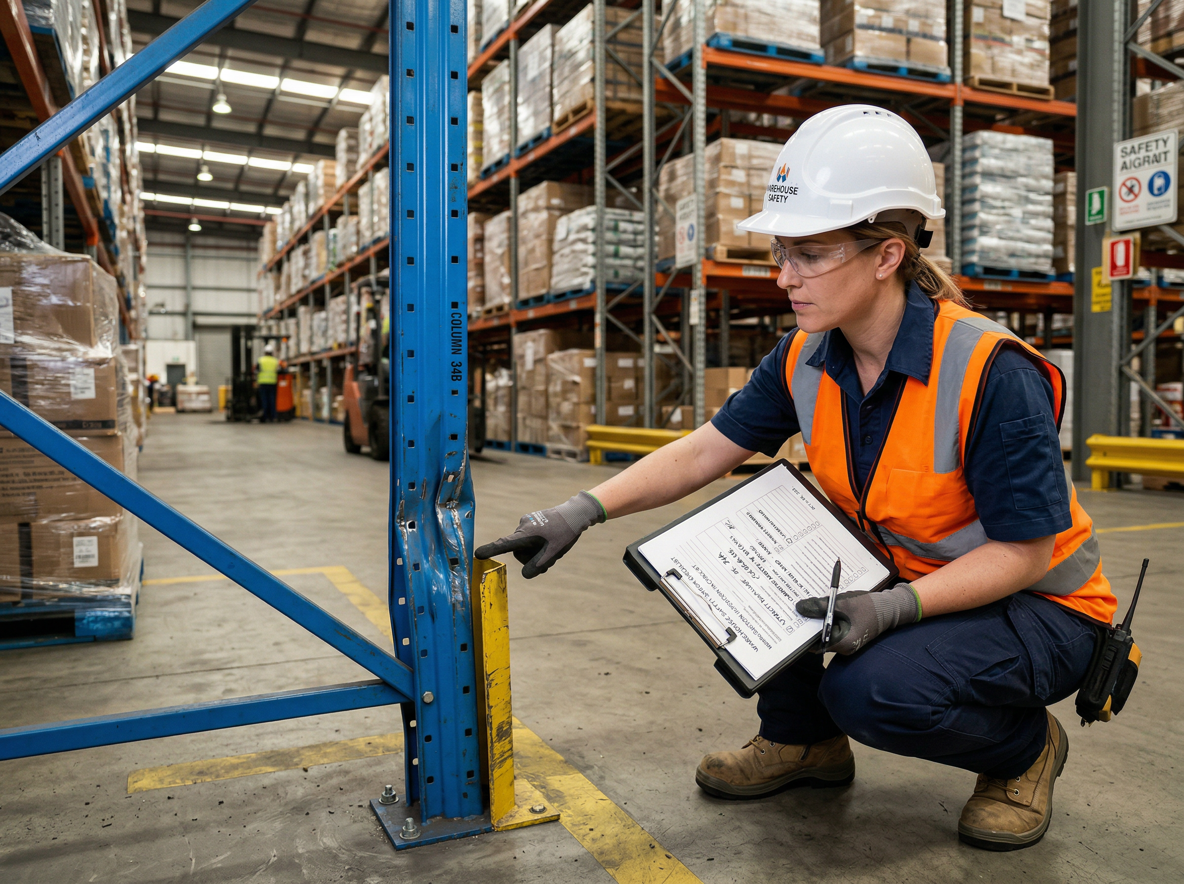 Safety inspector examining pallet rack uprights for damage in a Indianapolis, IN warehouse
