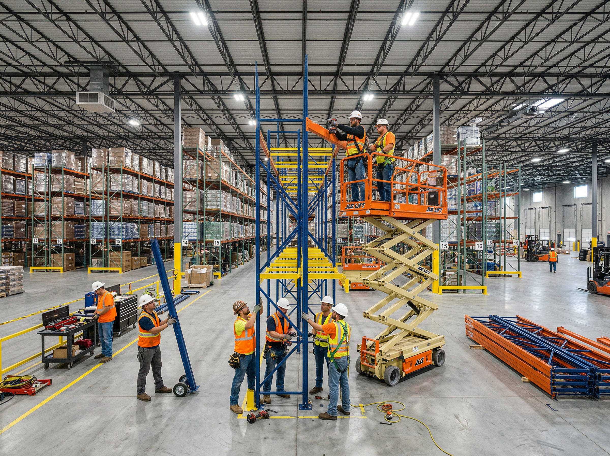 Pallet racking installation crew assembling rack systems in a Indianapolis, IN warehouse