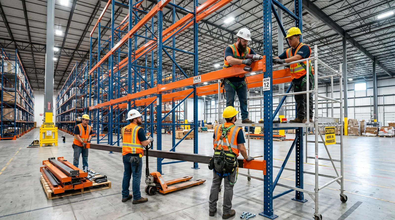 Pallet racking installation crew assembling rack systems in a Indianapolis, IN warehouse