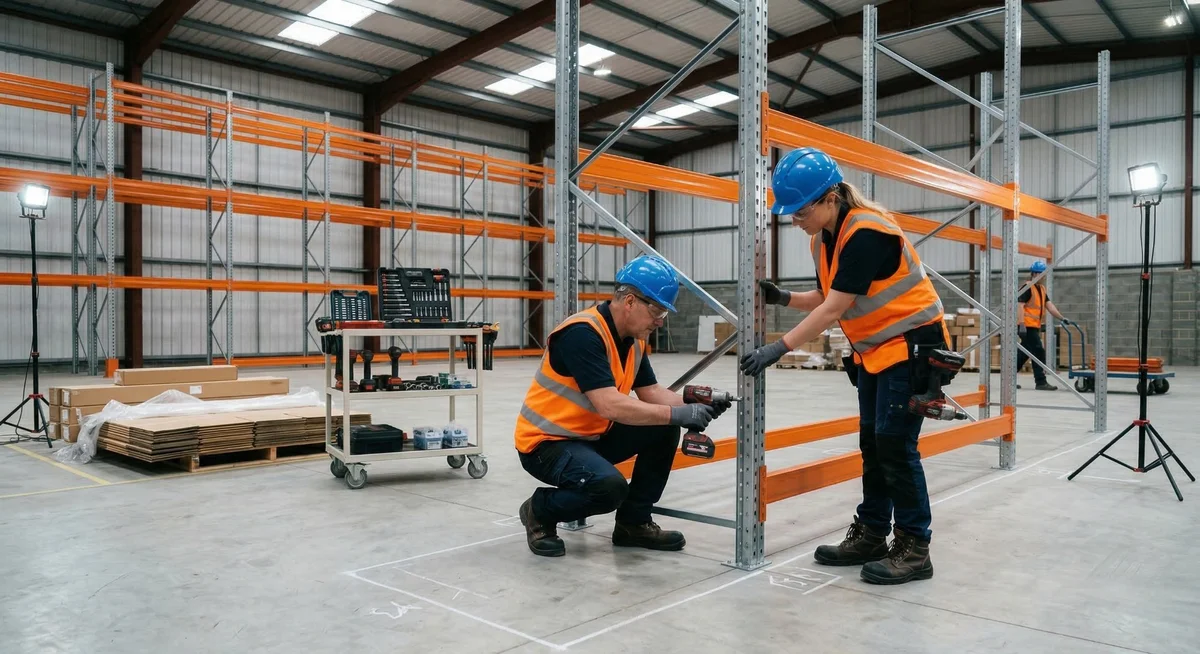 Pallet racking installation crew assembling selective rack system in a Indianapolis area warehouse