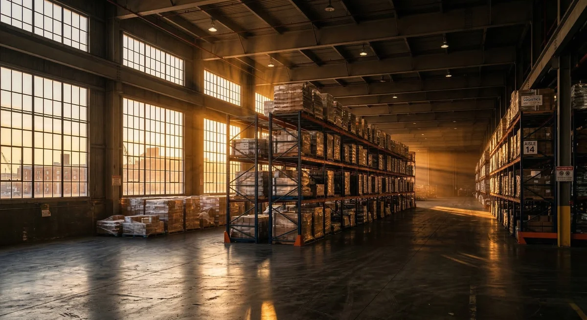 Pallet racking warehouse with golden light in Indianapolis Indiana